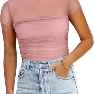 REORIA Women's Sexy Mock Turtle Neck Short Sleeve Shirts Sheer Mesh Ruched Trend